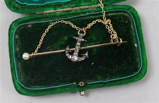 A late Victorian yellow and white metal, rose cut diamond and pearl set anchor bar brooch, 56mm.